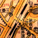 昭和17年発行の地図。「×印」の箇所が「入新井派出所」(誤って道の上に記されているが)。「第百支」と書かれているのが「川崎第百銀行(大森支店)」 ※「パブリックドメインの図像(根拠→)」を使用 出典:「大森区詳細図」(日本統制地図株式会社)